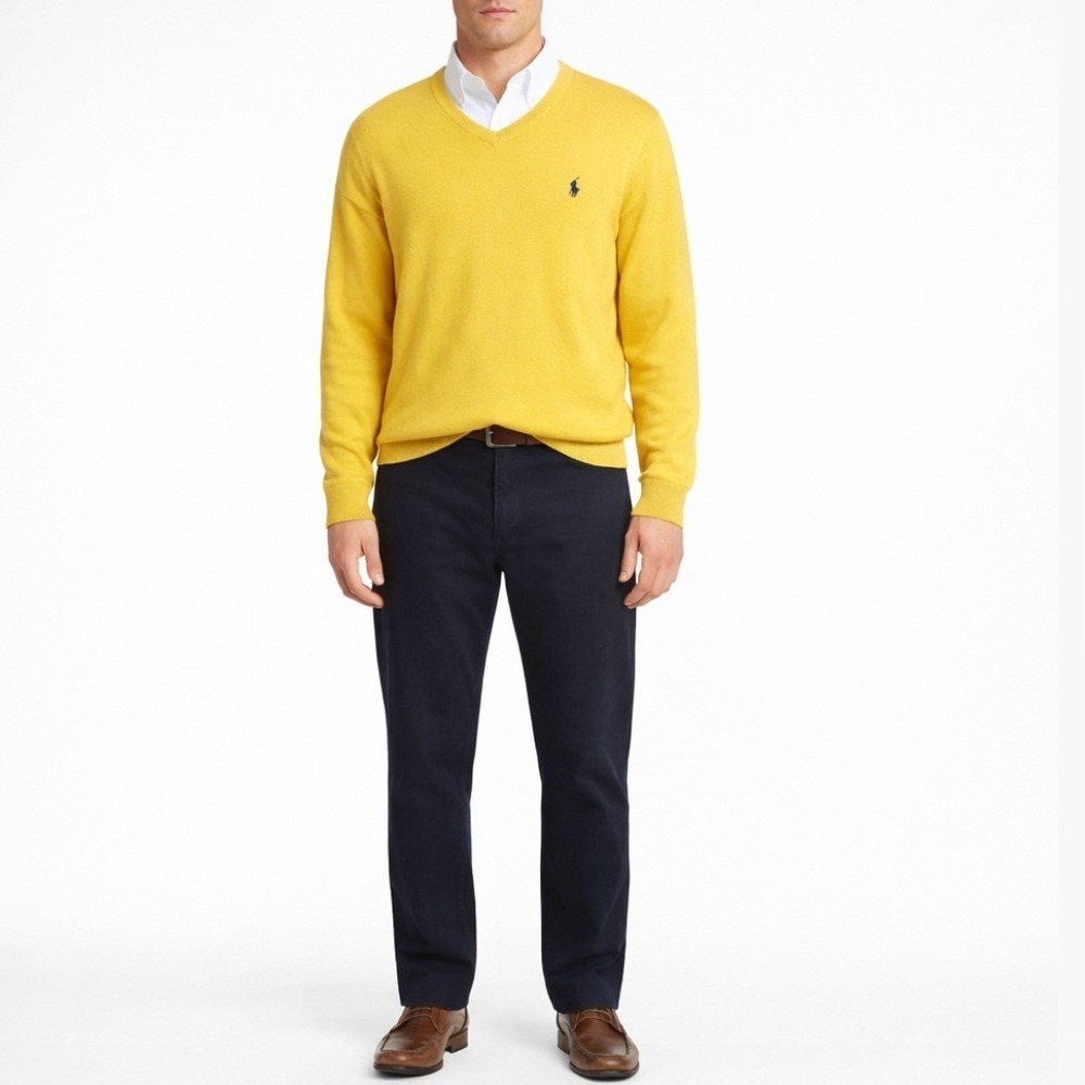 Polo Ralph Lauren Yellow Pima Cotton V-Neck Sweater Pony Logo Preppy Men XXL